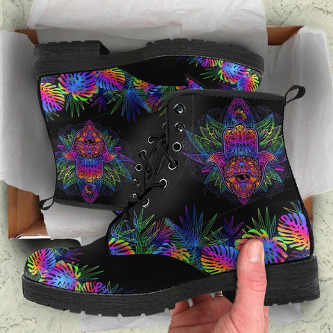 Image of Purple Black Hamsa Women's Vegan Boots, Neon Colorful Hippie Combat Shoes, Handmade Spiritual Fashion Footwear