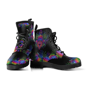 Purple Black Hamsa Women's Vegan Boots, Neon Colorful Hippie Combat Shoes, Handmade Spiritual Fashion Footwear