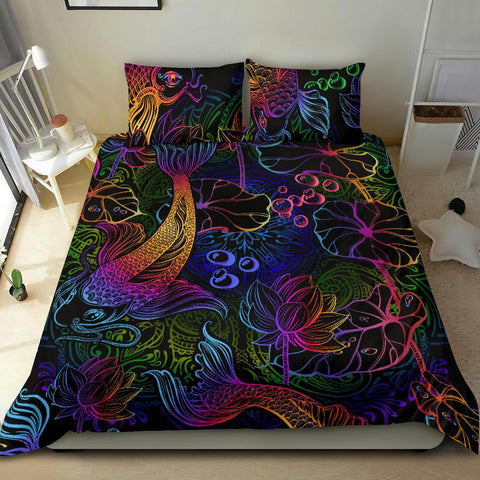 Image of Neon Lotus Coy Fish Bed Room, Twin Duvet Cover,Multi Colored,Quilt Cover,Bedroom Set,Bedding Set