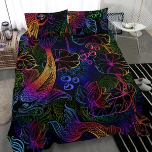 Neon Lotus Coy Fish Bed Room, Twin Duvet Cover,Multi Colored,Quilt Cover,Bedroom Set,Bedding Set