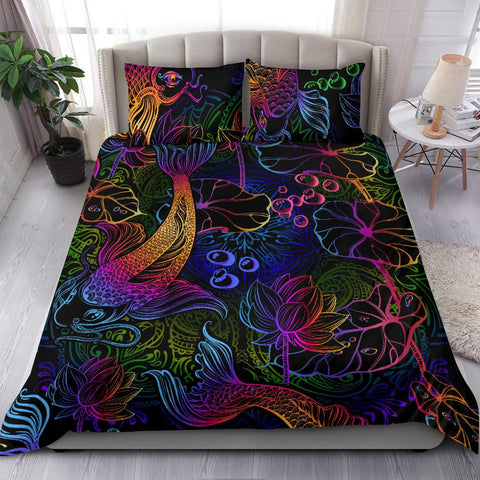 Image of Neon Lotus Coy Fish Bed Room, Twin Duvet Cover,Multi Colored,Quilt Cover,Bedroom Set,Bedding Set