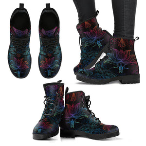 Women's Red Blue Lotus Floral Vegan Leather Boots , Handcrafted Ankle Boots ,