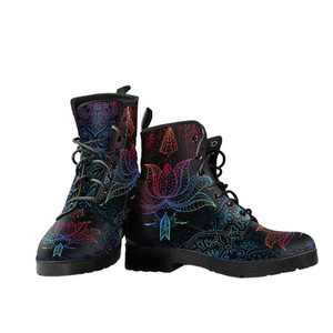 Women's Red Blue Lotus Floral Vegan Leather Boots , Handcrafted Ankle Boots ,