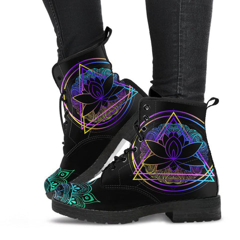 Image of Purple Lotus Mandala Women's Vegan Boots, Hippie Combat Shoes, Neon