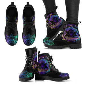 Purple Lotus Mandala Women's Vegan Boots, Hippie Combat Shoes, Neon