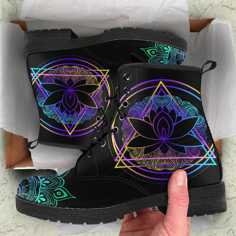 Image of Purple Lotus Mandala Women's Vegan Boots, Hippie Combat Shoes, Neon