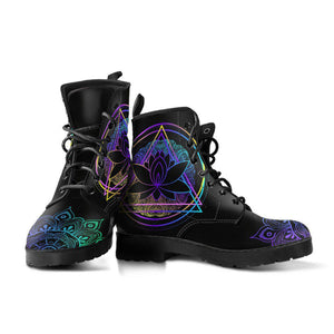 Purple Lotus Mandala Women's Vegan Boots, Hippie Combat Shoes, Neon