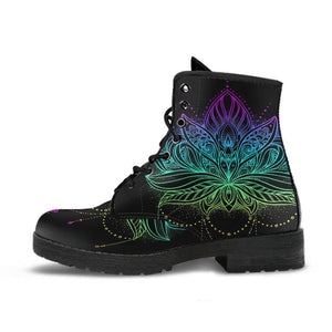 Black Pink Purple Lotus Women's Vegan Leather Boots, Handcrafted Bohemian Ankle