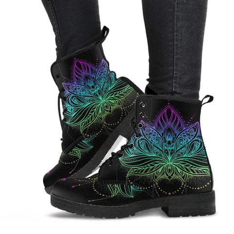 Image of Black Pink Purple Lotus Women's Vegan Leather Boots, Handcrafted Bohemian Ankle