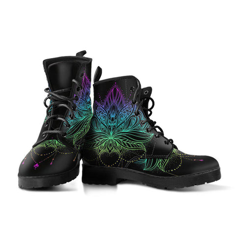 Image of Black Pink Purple Lotus Women's Vegan Leather Boots, Handcrafted Bohemian Ankle
