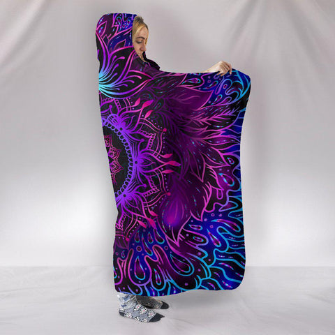 Image of Neon Psychedelic Mandala Lotus Colorful Throw,Vibrant Pattern Hooded Blanket,Blanket With Hood,Soft Blanket,Hippie Hooded Blanket