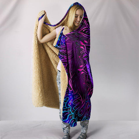 Image of Neon Psychedelic Mandala Lotus Colorful Throw,Vibrant Pattern Hooded Blanket,Blanket With Hood,Soft Blanket,Hippie Hooded Blanket
