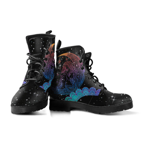 Image of Black Starry Lady Moon Women's Vegan Leather Ankle Boots, , Bohemian