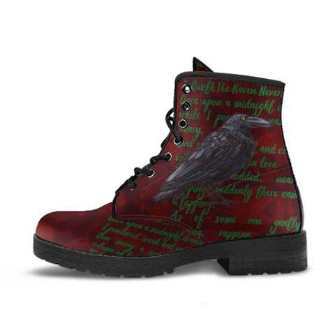 Image of Red Nevermore Raven Maroon Bird Poem Women's Vegan Leather Boots, Handmade Rain Shoes, Hippie Spiritual Footwear, Multi-Design