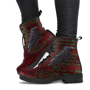 Red Nevermore Raven Maroon Bird Poem Women's Vegan Leather Boots, Handmade Rain Shoes, Hippie Spiritual Footwear, Multi-Design