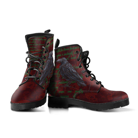 Image of Red Nevermore Raven Maroon Bird Poem Women's Vegan Leather Boots, Handmade Rain Shoes, Hippie Spiritual Footwear, Multi-Design