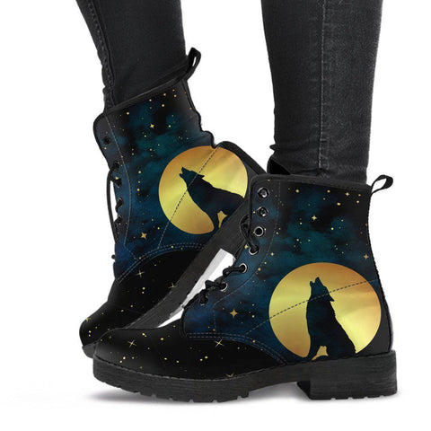 Image of Night Sky Wolf Moon Women's Vegan Leather Boots, Handcrafted, Retro Winter Ankle