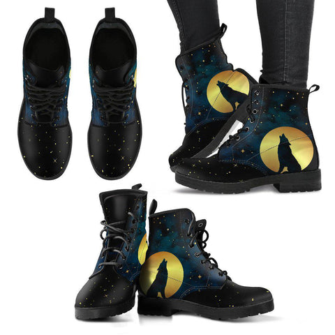 Image of Night Sky Wolf Moon Women's Vegan Leather Boots, Handcrafted, Retro Winter Ankle