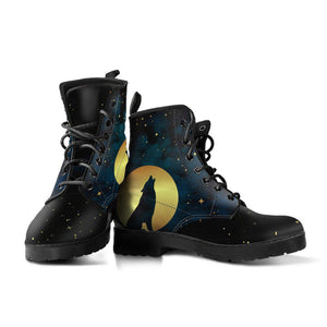 Night Sky Wolf Moon Women's Vegan Leather Boots, Handcrafted, Retro Winter Ankle