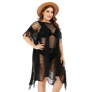 Crochet See Through Fringe Dress Plus Size Cover Up