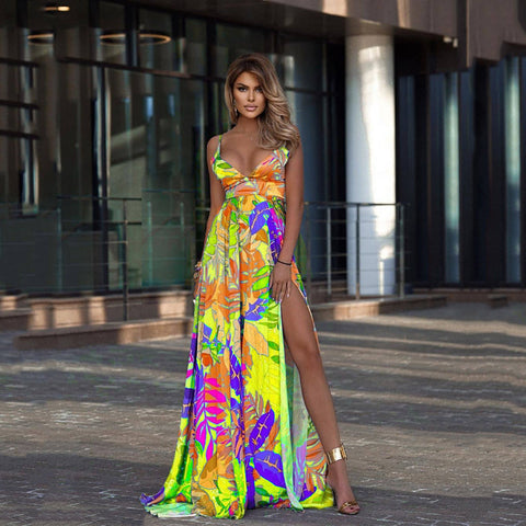 Image of Tropical Colorful Leaf High Split Maxi Dress Resort Wear