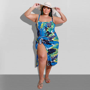 Colorful One Piece Swimsuit Tropical Leaf Cover Up Plus Size Bikini