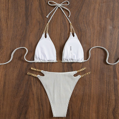 Image of Sexy Stripe Chain Cut Out Two Piece Beach Bikini Swimsuit Set