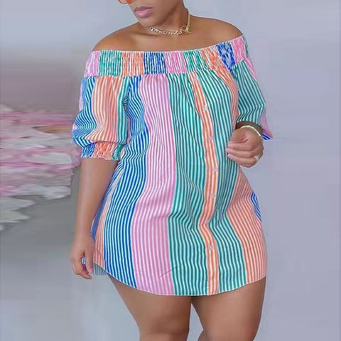 Image of Off Shoulder Stripe Mini Plus Size Dress Resort Wear