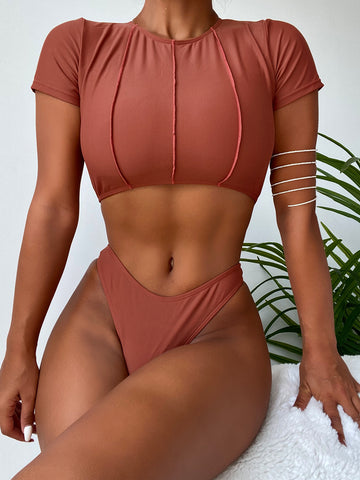 Image of Two Piece Crop Top Ridged Bikini Swimsuit Set