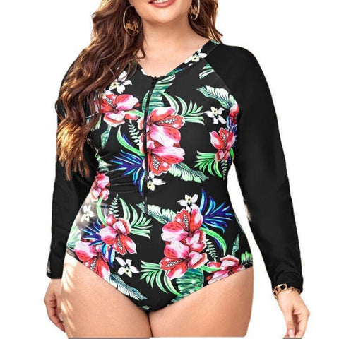 Image of Long Sleeve Multicolored Floral Tropical Plus Size One Piece Swimsuit