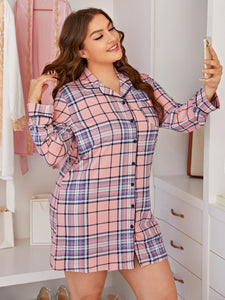 Button Up Plaid Stitching Nightdress Lounge Wear Plus Size Pajama Dress