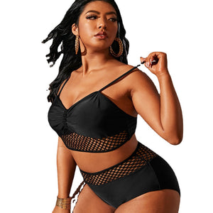 Black Mesh Two Piece Crop Bikini Plus Size Swimsuit