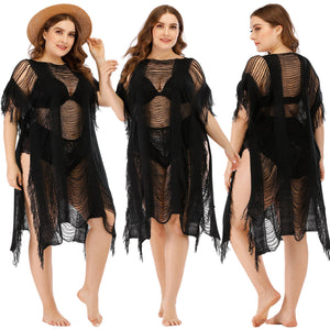 Crochet See Through Fringe Dress Plus Size Cover Up