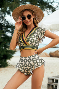 Printed Flutter Sleeve Ruffled Two Piece Bikini Swimsuit Set