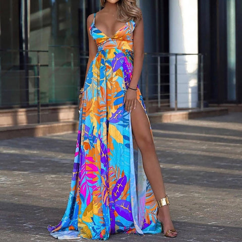 Image of Tropical Colorful Leaf High Split Maxi Dress Resort Wear