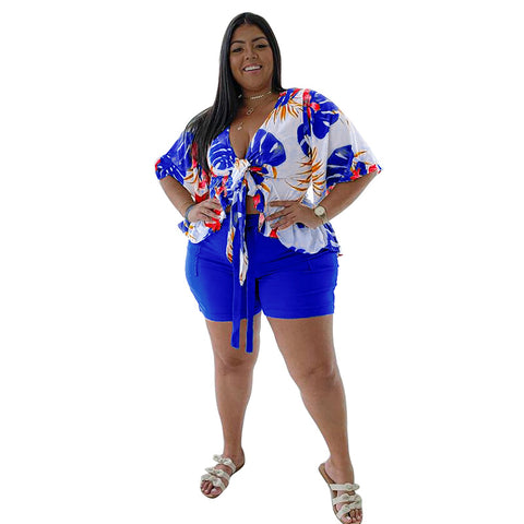 Image of Tropical Muticolored Plus Size Two Piece Crop Top Short Set Womens Resort Wear