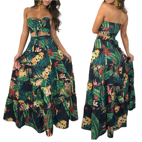 Image of Two Piece Tropical Crop Top Maxi Skirt Set