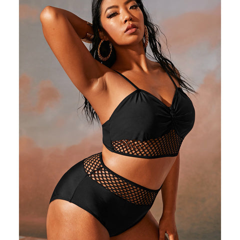 Image of Black Mesh Two Piece Crop Bikini Plus Size Swimsuit