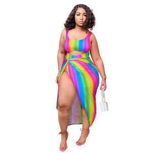Rainbow Stripe One Piece Cover Up Maxi Skirt Two Piece Set