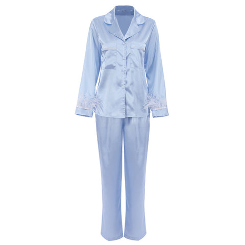 Image of Silk Blue Feather Detachable Long Sleeve Shorts Pajamas