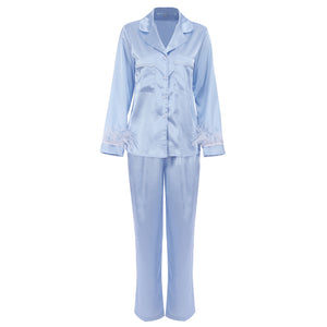 Silk Blue Feather Detachable Long Sleeve Shorts Pajamas