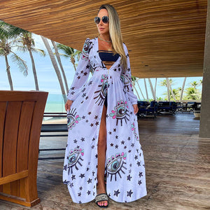 Chiffon Hamsa Long Sleeve Beach Maxi Cover Up Womens Resort Wear