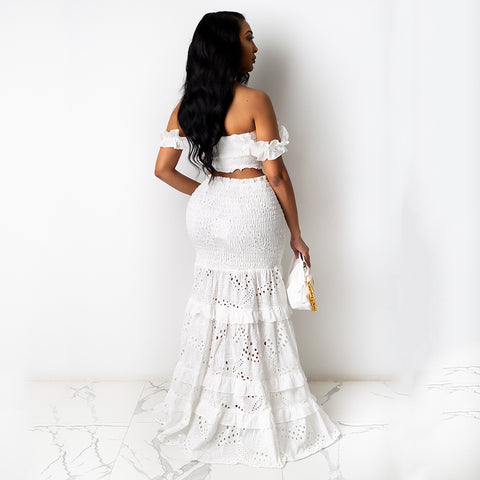 Image of Off Shoulder Lace Crop Top Maxi Skirt Two Piece Set