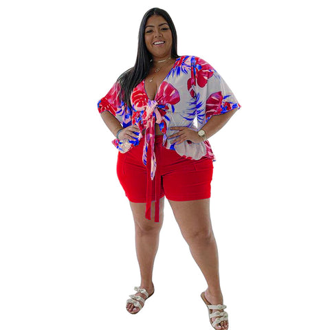 Image of Tropical Muticolored Plus Size Two Piece Crop Top Short Set Womens Resort Wear