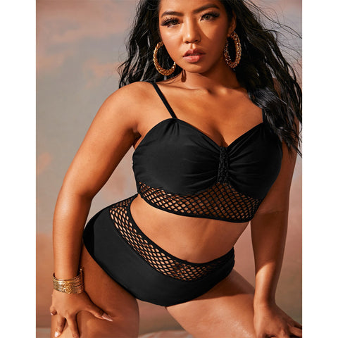 Image of Black Mesh Two Piece Crop Bikini Plus Size Swimsuit