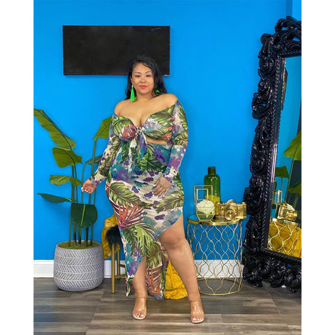 Image of Floral Tropic Multicolored Hollowed Out Off Shoulder Plus Size Split Maxi Dress