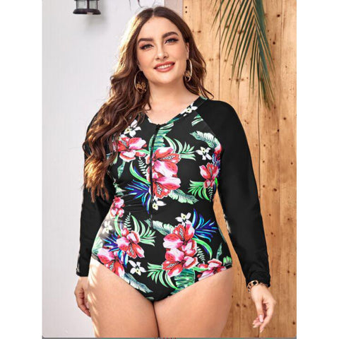 Image of Long Sleeve Multicolored Floral Tropical Plus Size One Piece Swimsuit