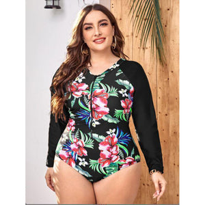 Long Sleeve Multicolored Floral Tropical Plus Size One Piece Swimsuit