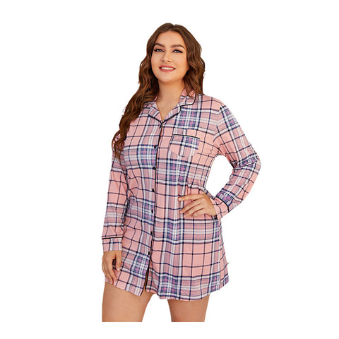 Image of Button Up Plaid Stitching Nightdress Lounge Wear Plus Size Pajama Dress