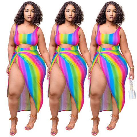 Image of Rainbow Stripe One Piece Cover Up Maxi Skirt Two Piece Set